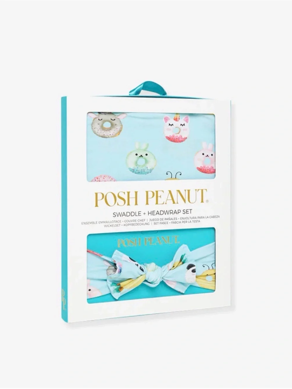 Posh Peanut Light Blue Donut & Animal Swaddle + Headwrap Set
